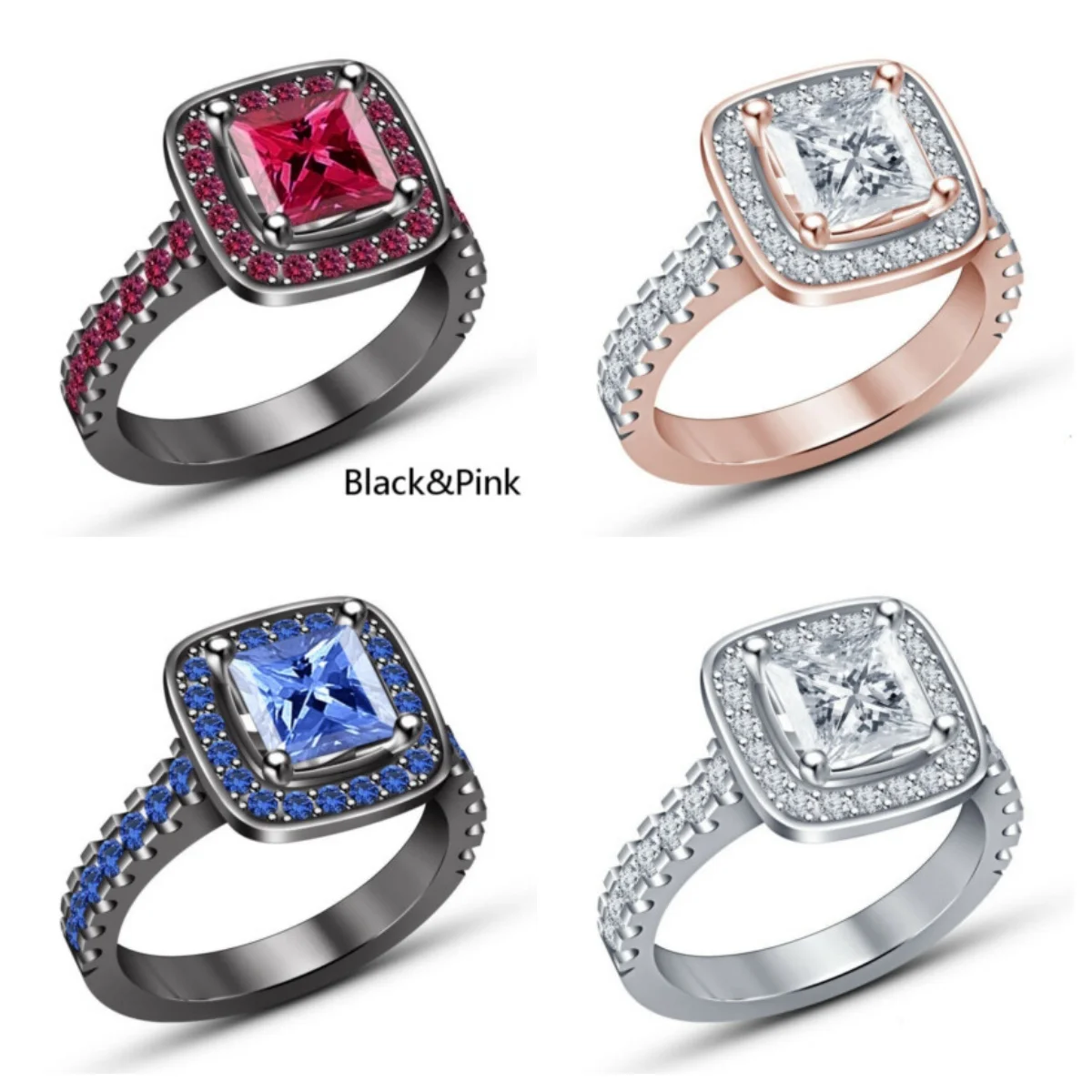 Fashion Princess Square Multiple Colors Zircon Gold Wedding Ring Jewelry Gift Size 6-10