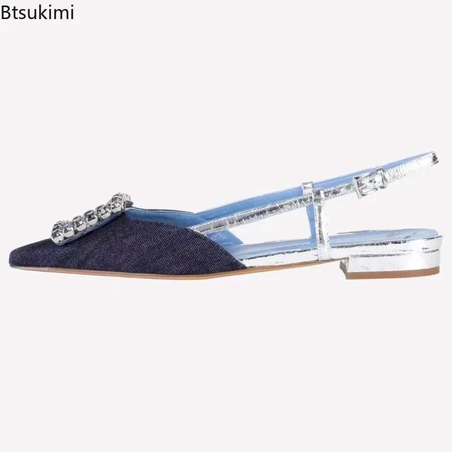 New Summer Rhinestone Square Buckle Closed-Toe Low-Heel Sandals Fashionable Shallow Shoes Outdoor Wear Back Strap Women's Shoes