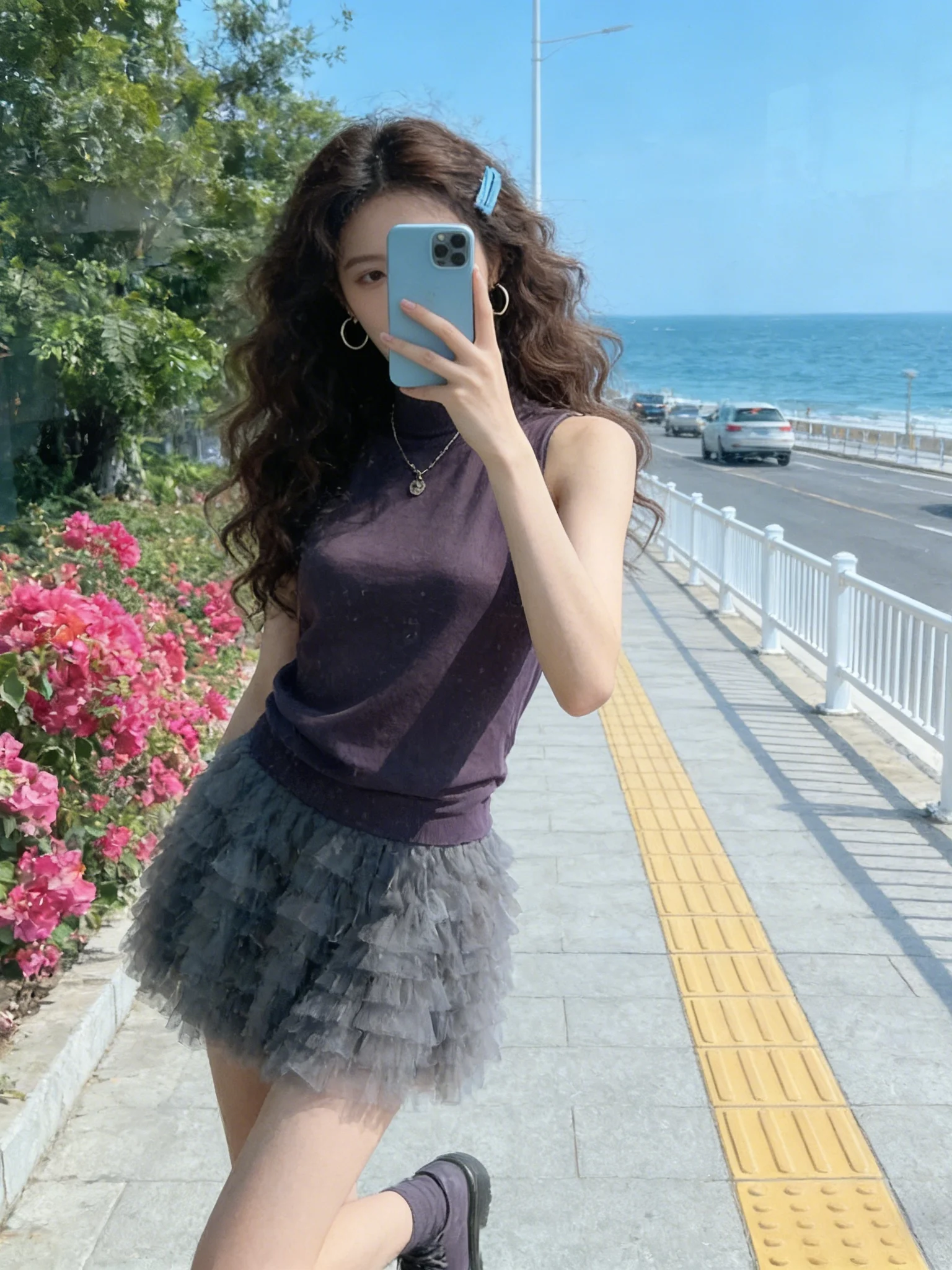 

Pure Desire Spicy Girl Hollow out Backless Purple High Collar Sleeveless Vest with Slimming Puffy Half Skirt Set Women Summer