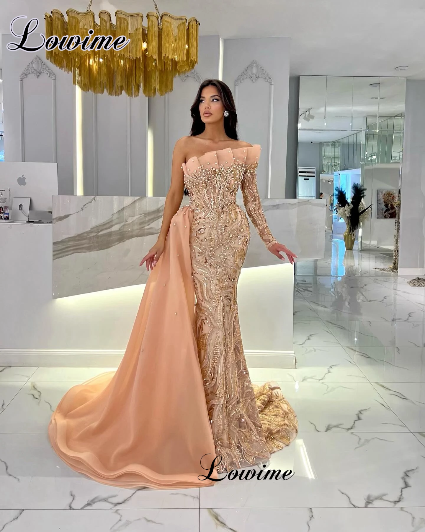 2024 Newest Champagne Prom Dresses Mermaid One Shoulder Evening Dresses For Women Designer Coutures Gowns Vestidos Para Mujer