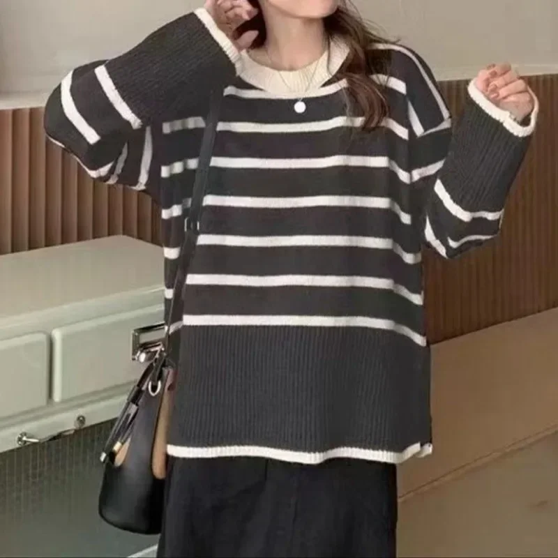 

Korean Women Striped Loose Warm Sweater O-Neck Long Sleeve Thicken Knitted Pullovers Casual Sweater For Women Autumn Winter Y2k