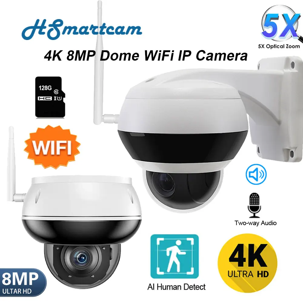 New 4K 8MP Wifi PTZ Surveillance Camera Outdoor 5X Optical Zoom Speed Dome IP Camera Auto Tracking 2-way Audio Metal CCTV Camera