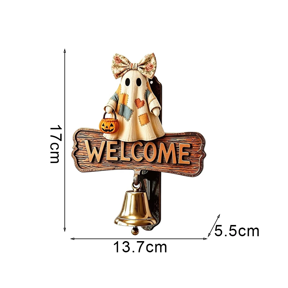 Cute Patchwork Ghosts Welcome Sign With Bell Orange Resin Door Plaque For Halloween Party Home Wall Decoration Spooky Ornament