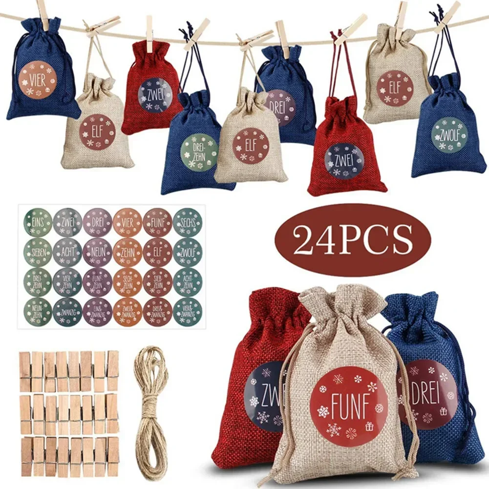 24 mini bolsas de arpillera para calendario de Adviento de Navidad, sacos colgantes de árbol de Navidad rellenables con hilo y pinzas de madera