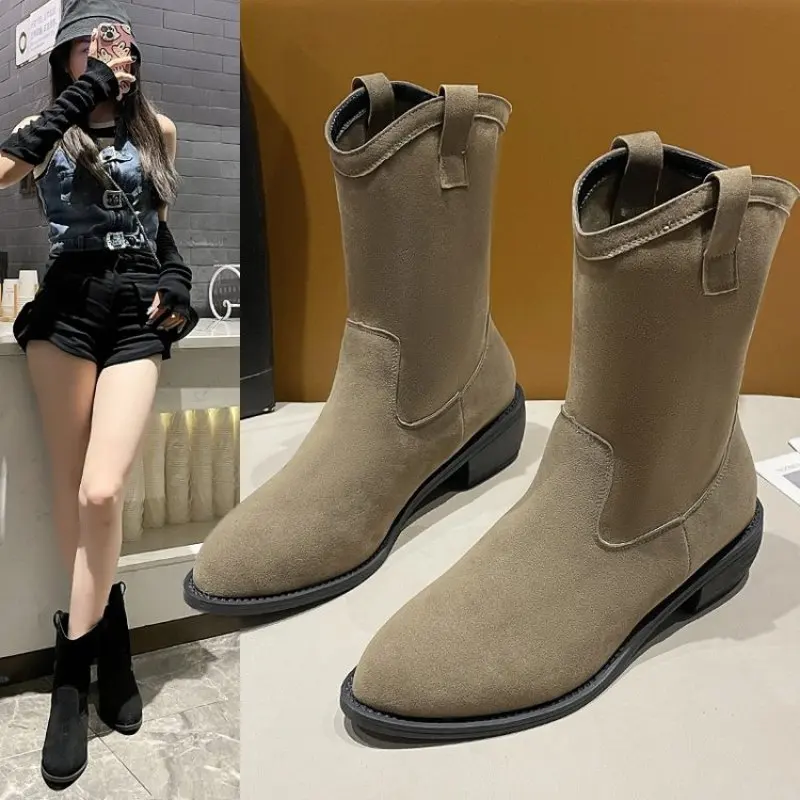 

New Women Cowboy Ankle Boots Block Heels Flock Slip On Ladies Short Boot Autumn Retro Western Female Soild Plus Size Knight Boot