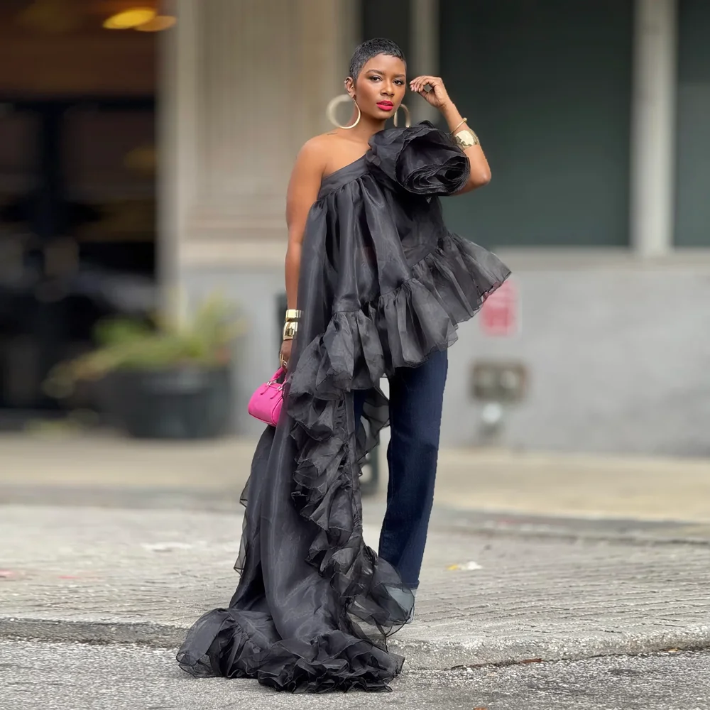 

Черный асимметричный длинный женский топ на одно плечо High Street с цветком ручной работы и съедобным грибком дерева