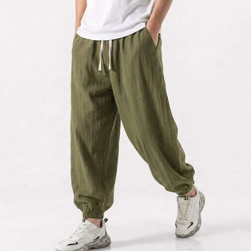 Korean Men's Linen Pants Gym Man Cotton Work Pants Spring Loose Harem Pants Summer Drawstring Casual Streetwear Man Baggy Pants