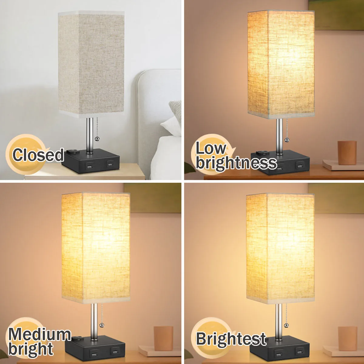 Multifunctional Bedside Lamp, Table Desk Lamp with Dual USB Ports Outlets, Fabric Shade