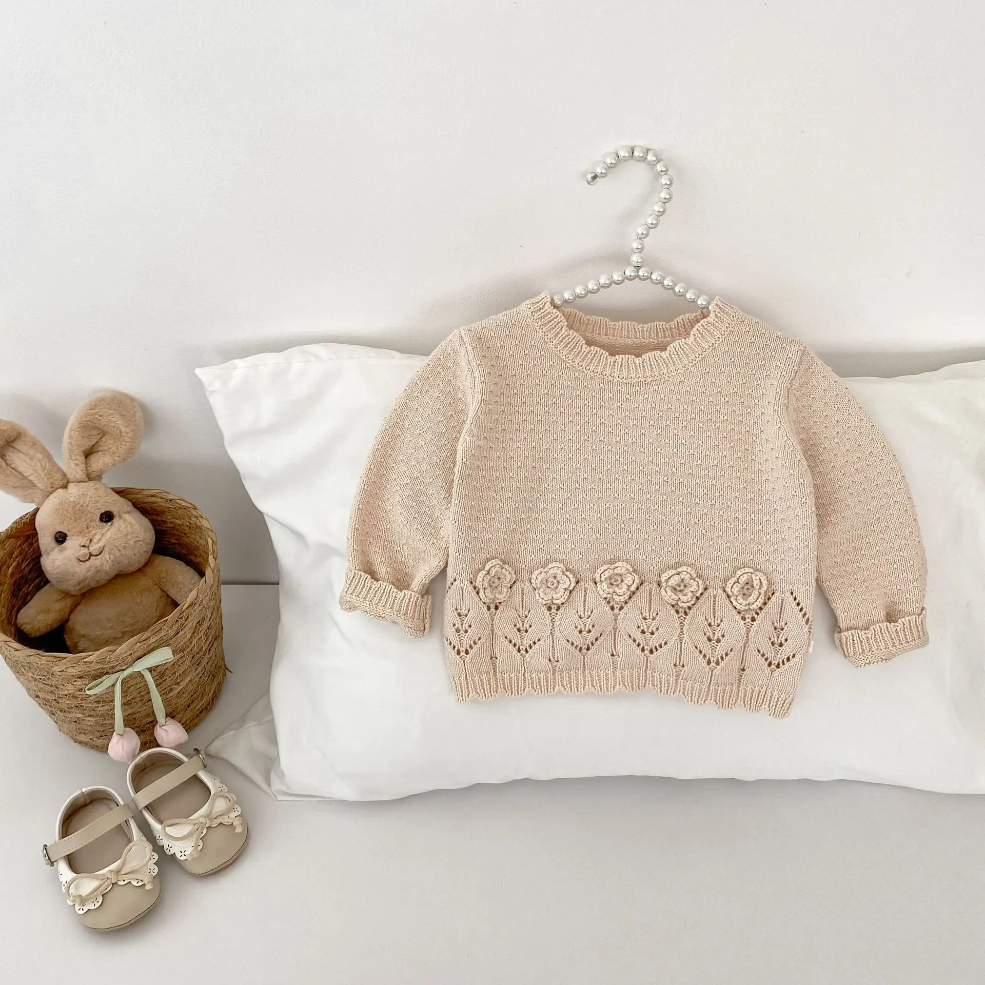 1-4T Baby Girls Sweater 3D Flower Knit Pullover Top Elegant Hollow Long Sleeve Toddler Kids Knitwear Autumn Winter Clothes