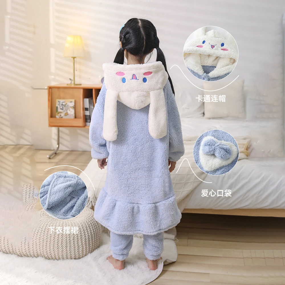 Cinnamoroll Anime Kuromi Spring Autumn Sanrios Children\'s Night-Robe Kawaii Girls Coral Fleece Nightgown Dressing Cute Homewear