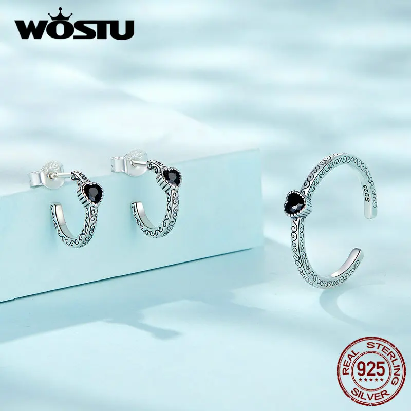 WOSTU – boucles d'oreilles Vintage en forme de cœur pour femmes, en argent Sterling 100%, Zircon noir, fleur rétro, cadeau de mariage, 925