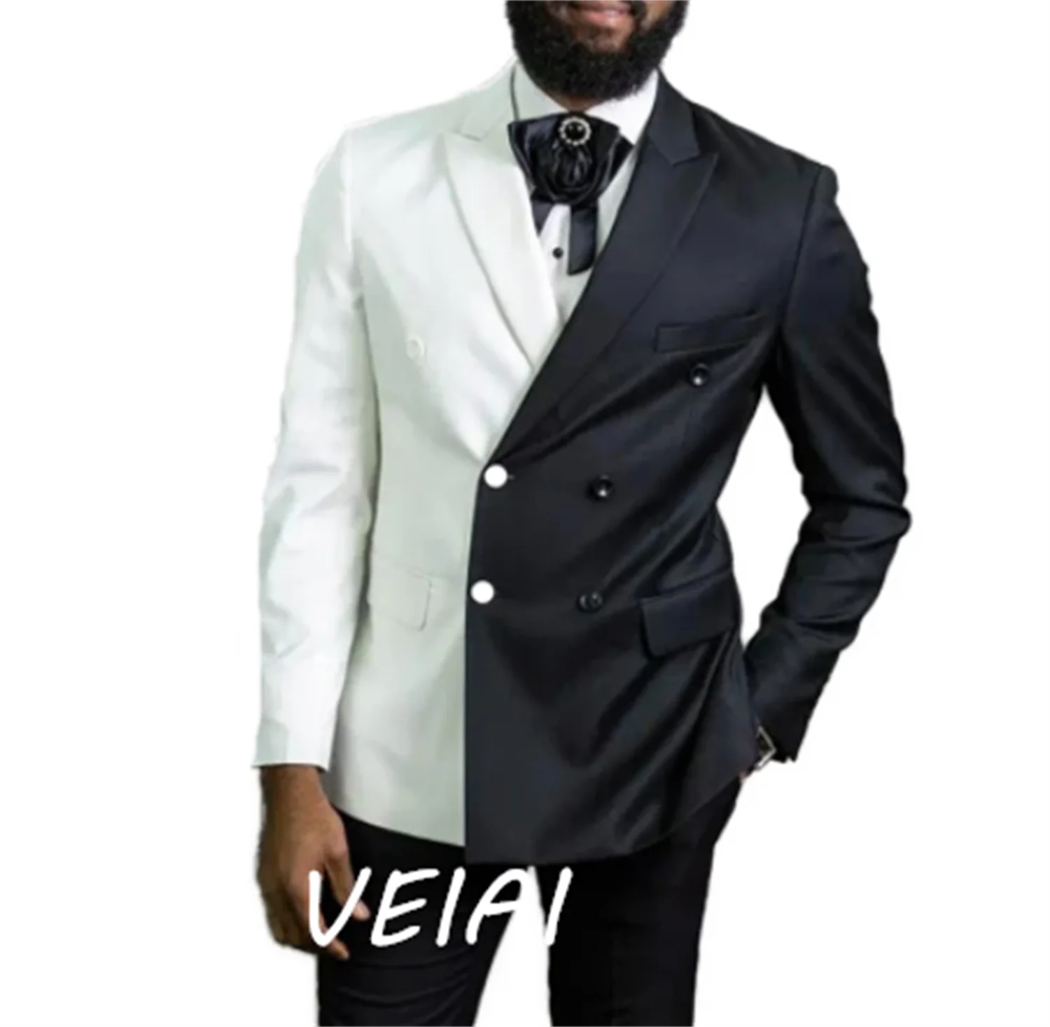 

CustomizedWhite and Black Men Suits Slim Fit with Double Breasted Peaked Lapel Wedding Tuxedo for Groom 2 Piece African Male Fas