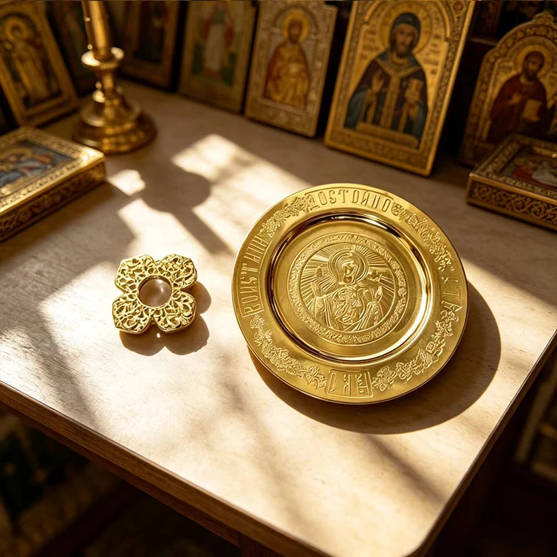 Orthodoxes Altar-Set: Goldene Ikonenplatte und Verzierter Stern in Samtbox für Liturgisches Brot, Diskos, Byzantinische Religiöse Kirchendekoration – Detail 2
