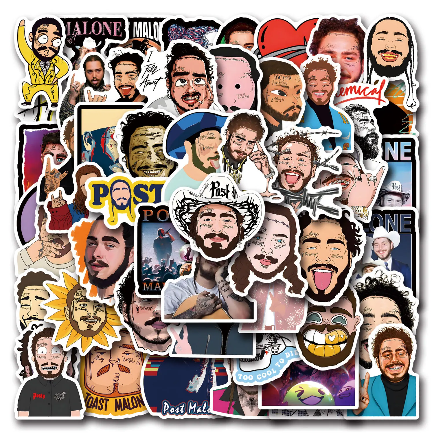 50PCS Singer Post Malone Cartoon graffiti stickers DIY mobile phone cases  Scrapbook Luggage Helmet Fans Gift Portable Guitar
