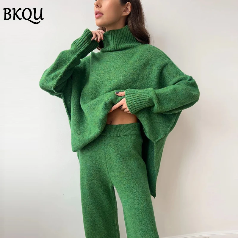 BKQU Women\'s Knitted Two Piece Pants Set 2024 Autumn Winter Turtleneck Sweater and Wide Leg Long Pants Matching Homewear Suits