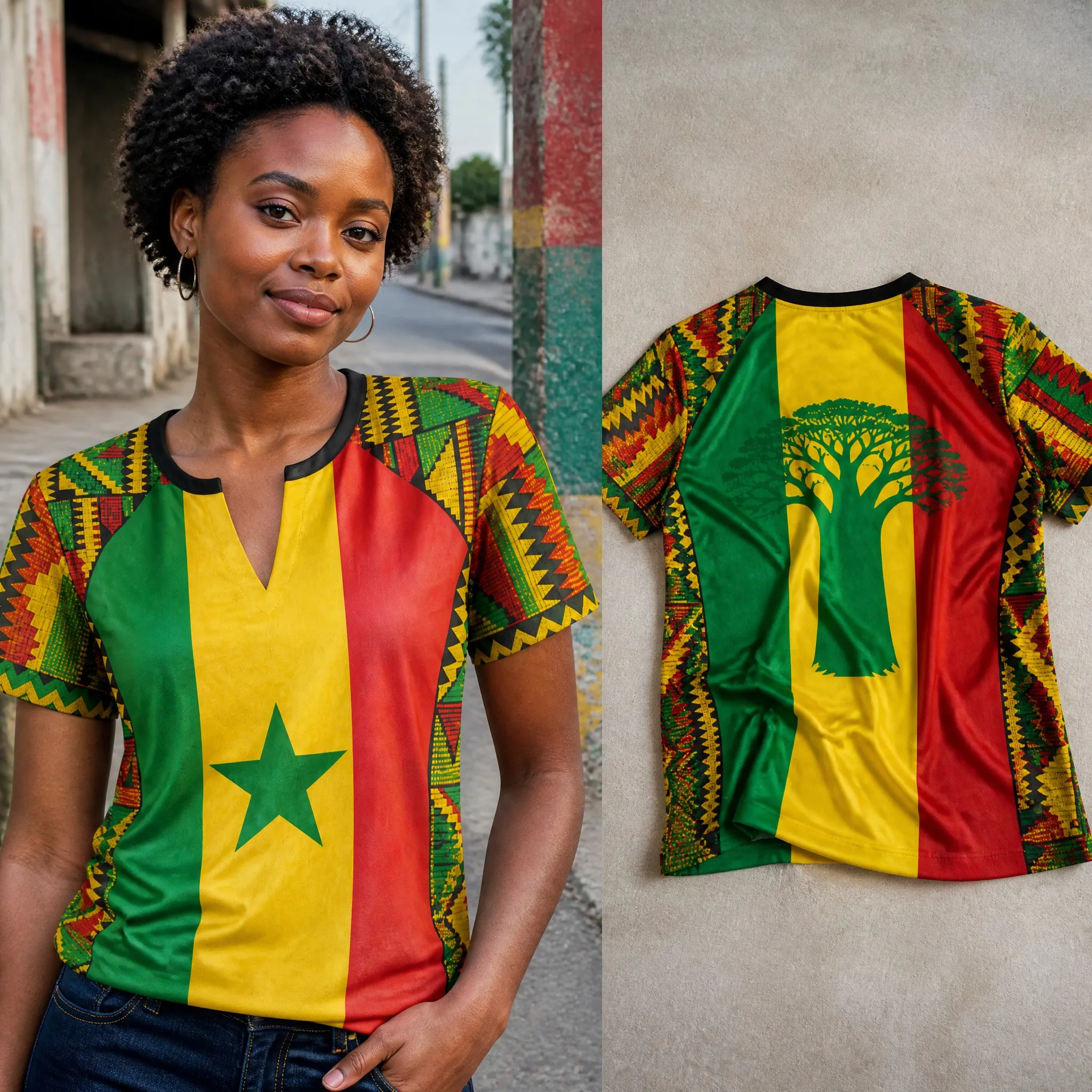 Womens Senegal Small V Neck T Shirt Yellow Green Map Star Dot Print Casual Summer Short Sleeve Top Heritage Daily Street Wearing