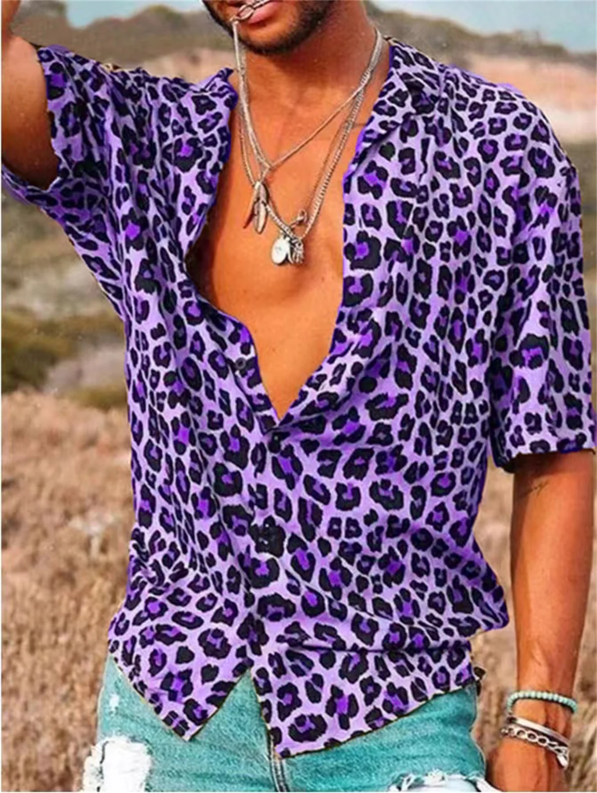 2024 new men\'s shirt leopard print print shirt Hawaiian daily short sleeved button comfortable casual men\'s clothing