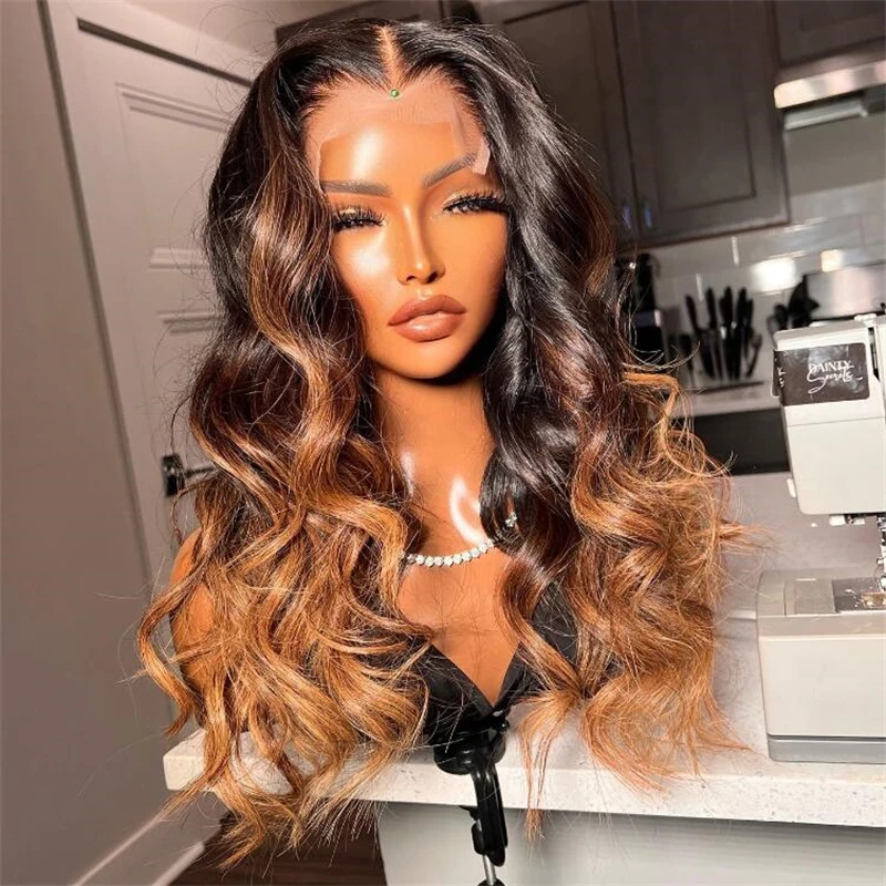 

28" Long Natural Ombre Brown Body Wave 5x5 Silk Base Jewish Human Hair Wig With Baby Hair HD Lace European Hair Preplucked