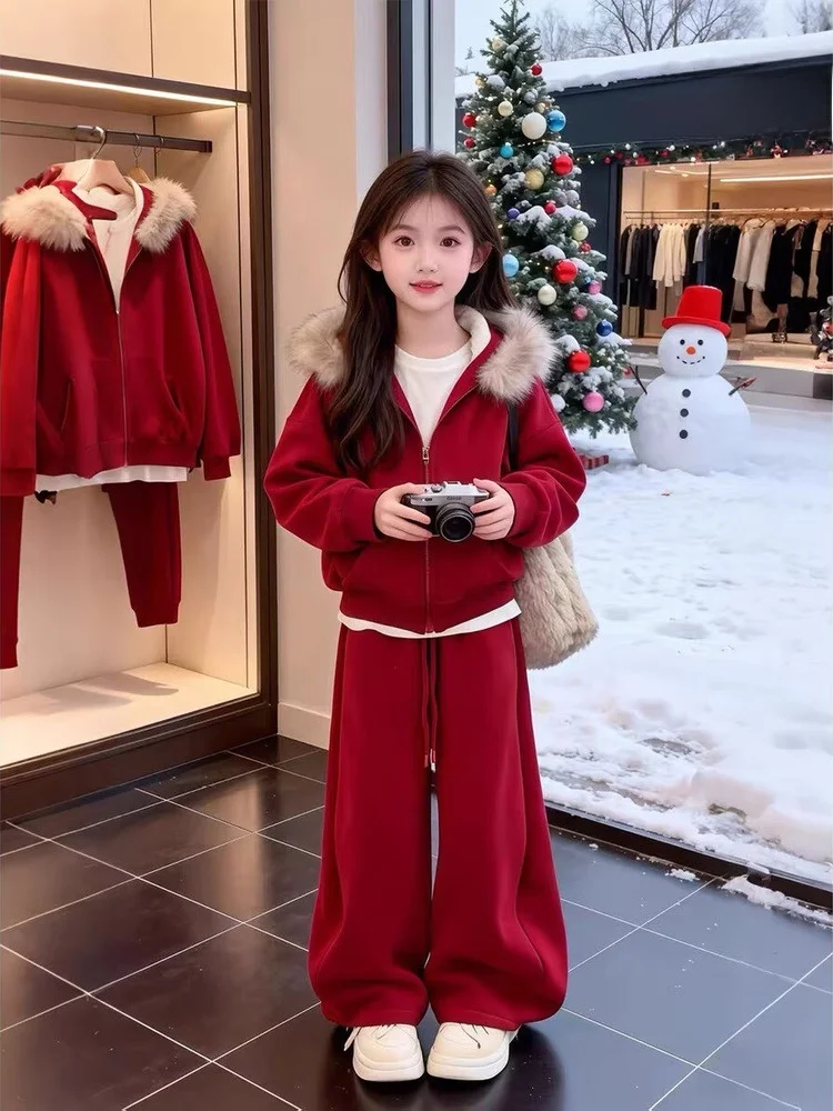 

Thiened Fce Children's Casual Two-Piece Set for Girls Autumn Winter High Waist Wide Leg Pants Long Sve Open Cardigan