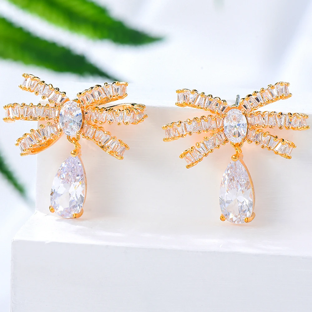 Soramoore New Luxury Brazilian bowknots Dangle Earrings Trendy Cubic Zircon Wedding Engagement Party Brazil earrings for women