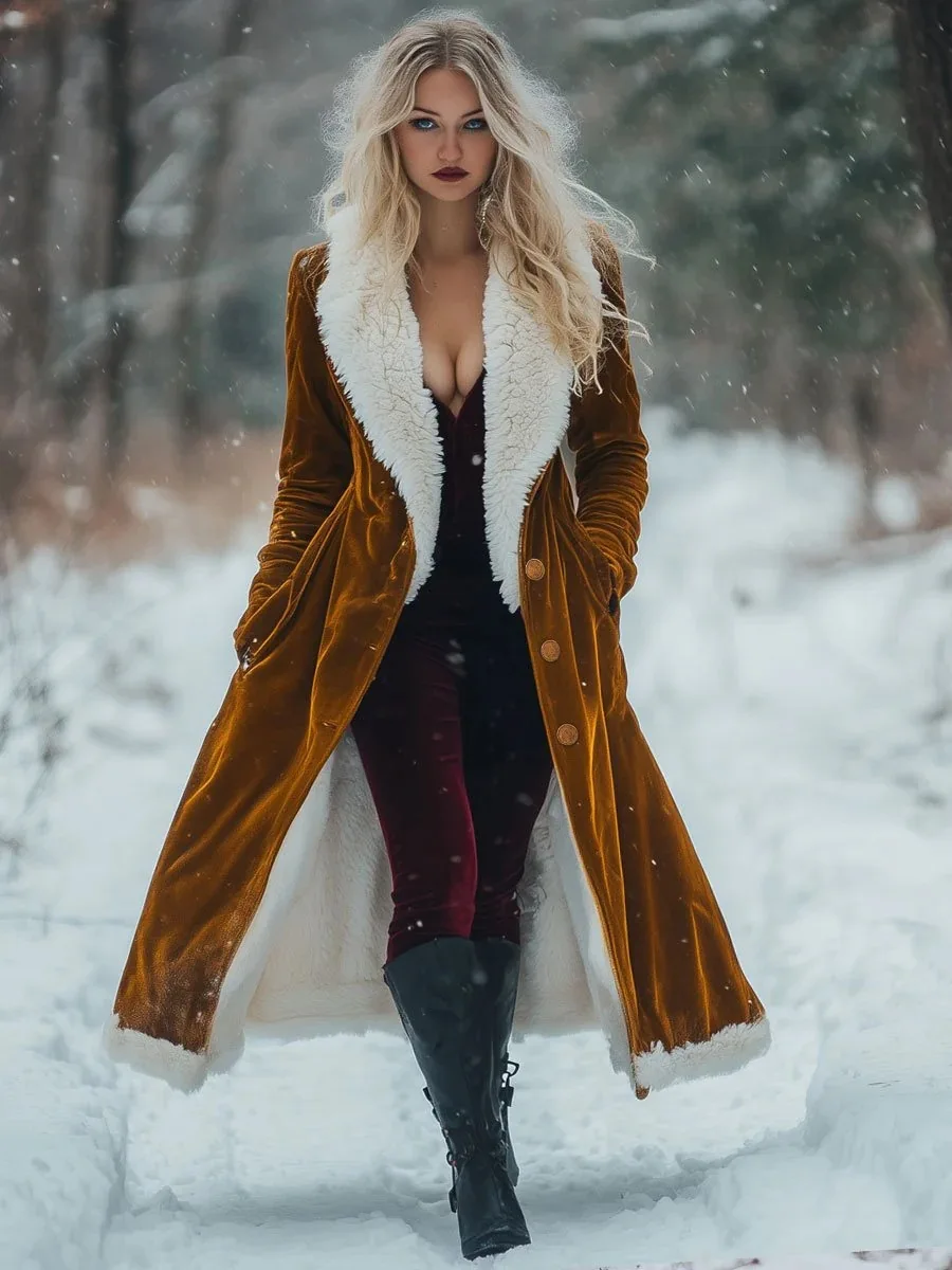 

Женское длинное пальто с бархатным меховым воротником, плюшевое осенне-зимнее модное теплое пальто в стиле вестерн, уличная ветрозащитная облегающая ветровка