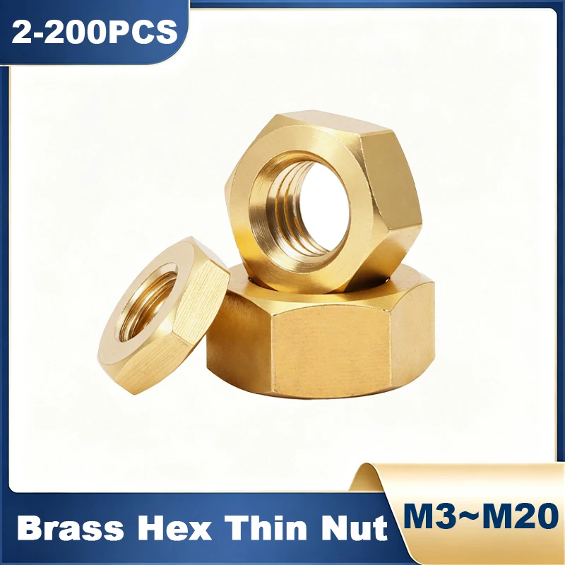 DIN439-2 Solid Brass Thin Hex Nuts Metric Thread Copper Hexagon Thin Nut M3 M4 M5 M6 M8 M10 M12 M16 M20 for Screw Bolt