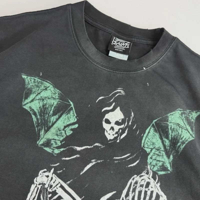 SAINT Evil Bat Skeleton TEE High-Quality Distressed Loose-Fit Crew Neck Black Men's Women's Fashion