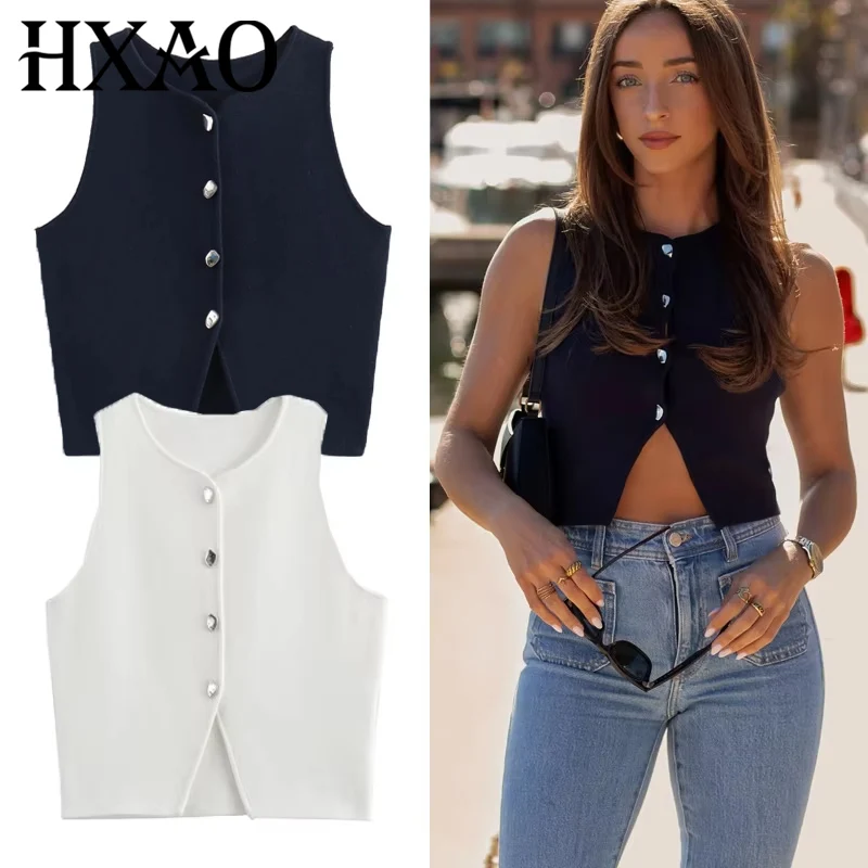 HXAO 2024 Knit Vest For Women Sleeveless Cropped Woman White Vest Fall Asymmetrical Slim Sweater Vests Blue Knitted Short Vest