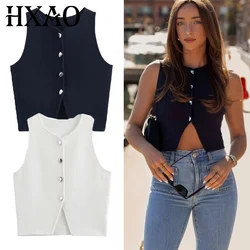 HXAO 2024 Knit Vest For Women Sleeveless Cropped Woman White Vest Fall Asymmetrical Slim Sweater Vests Blue Knitted Short Vest