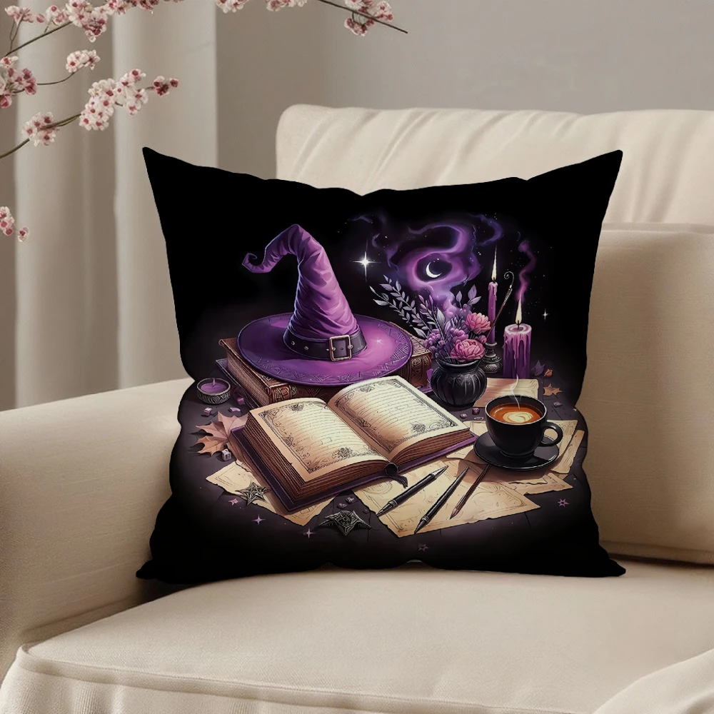 Square Throw Pillow Case Black Witch Hat Open Book Magic Potion Coffee Cup Print For Living Room Sofa Bedroom Home Decor