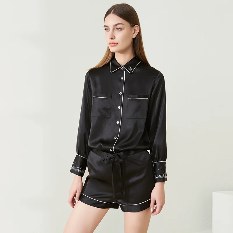19MM 100% Mulberry Silk Rhinestone Long Sleeve Cardigan and Shorts Pajamas Set Solid Color Summer Outwear Pajama Lapel Nightwear
