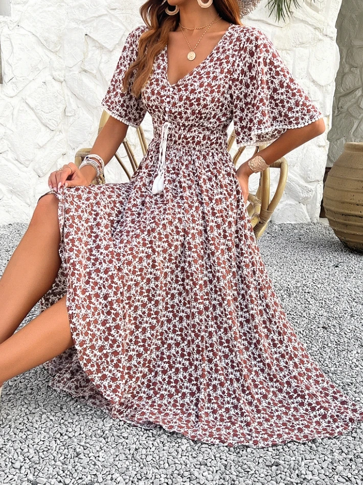 

Women's V-Neck High Waisted Elegant Printed Dress with Drawstring Design, Slim Fit and Loose Skirt, Fashionable Long Skirt