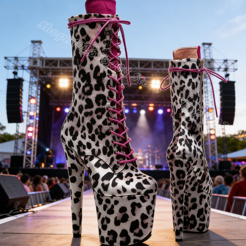 Leopard Print Lace up Short Boots Platform Round Toe Stiletto Performance Women Fashion Dancing Sexy Boots Zapatos Para Mujere