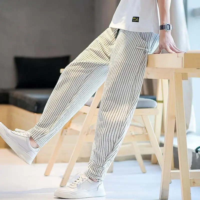 2024 New Summer Korean Edition Handsome and Fashionable High Waist Pocket Striped Print Loose Oversized Strap Casual Pants