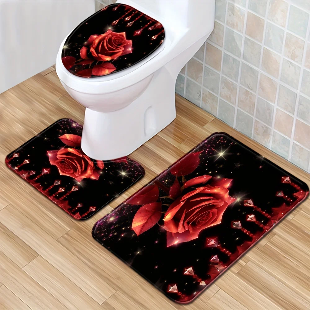 

Crystal Red Rose Bathroom Floor Mat Set 3pcs Non-Slip Absorbent Toilet Lid Cover U-Shaped Rug and Decorative Bath Mat