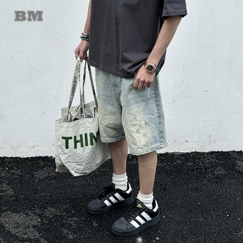 아메리칸 빈티지 연청 카고 데님 반바지, 남성 의류, 한국 패션 청바지, 하라주쿠 캐주얼 5 부 바지, 스트리트웨어, 여름 