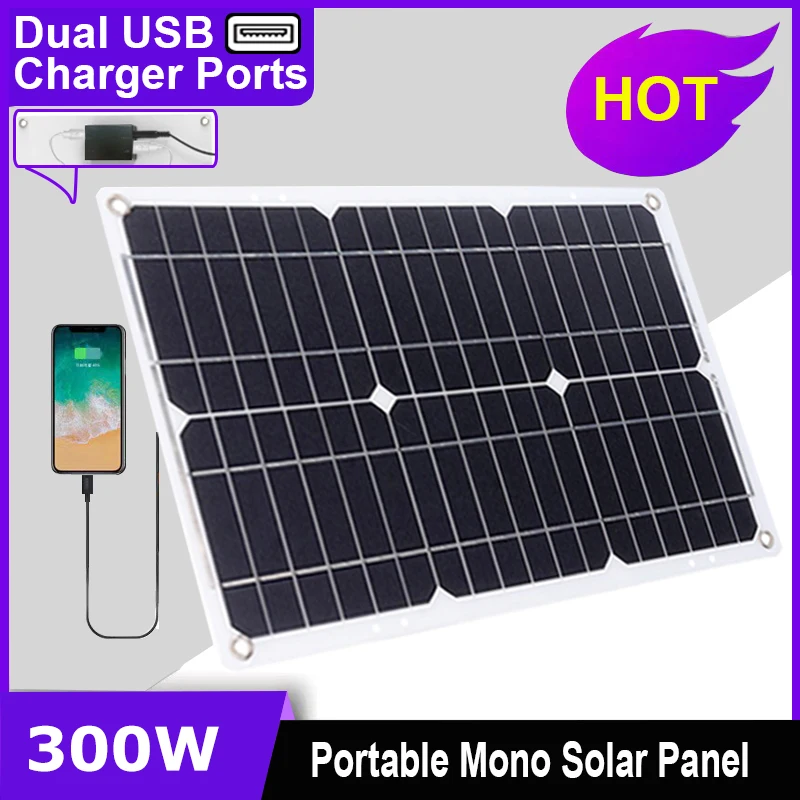 Panel Solar Flexible de 300W, cargador de batería de 12V, células solares USB duales, batería aplicable, teléfono de 12V, coche, Camping al aire libre