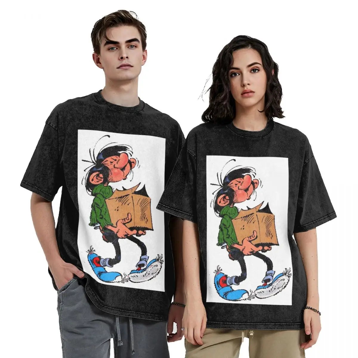 Gaston Lagaffe Washed T Shirts Vintage Short Sleeve Hip Hop T-Shirt Streetwear Tops Tees for Men Women