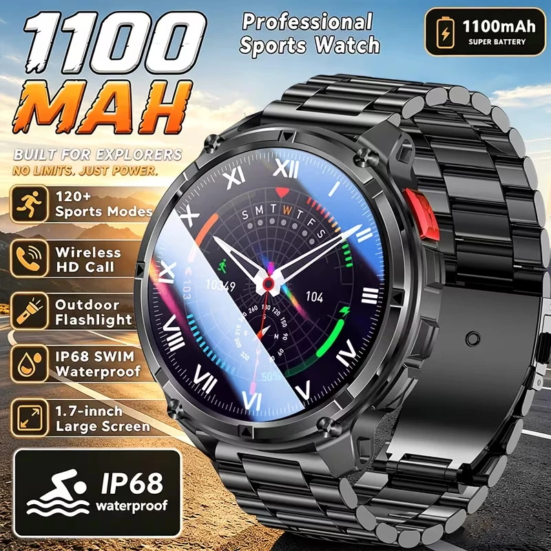 2026 New Long battery life 1100mAh Battery Smart Watch IP68 Waterproof Sports Run tracker Outdoors Compass Military Smartwatch