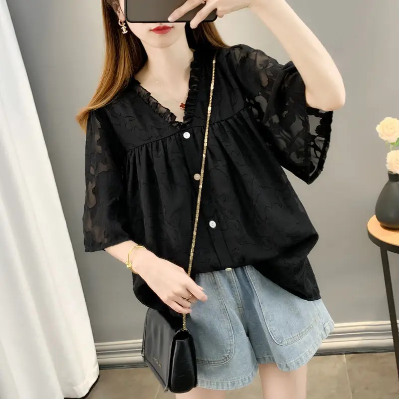 Women Summer Simplicity Loose Short Sleeve Solid Color Ruffles V-neck Chiffon Shirts Ladies Casual All-match Hollow Out Top Tee