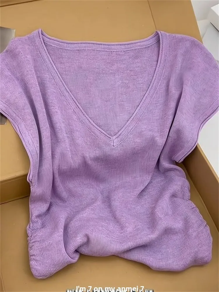 Versátil malha ort sve v-ne camiseta masculina puro desejo casual sle coreano faion verão topo umidade ng