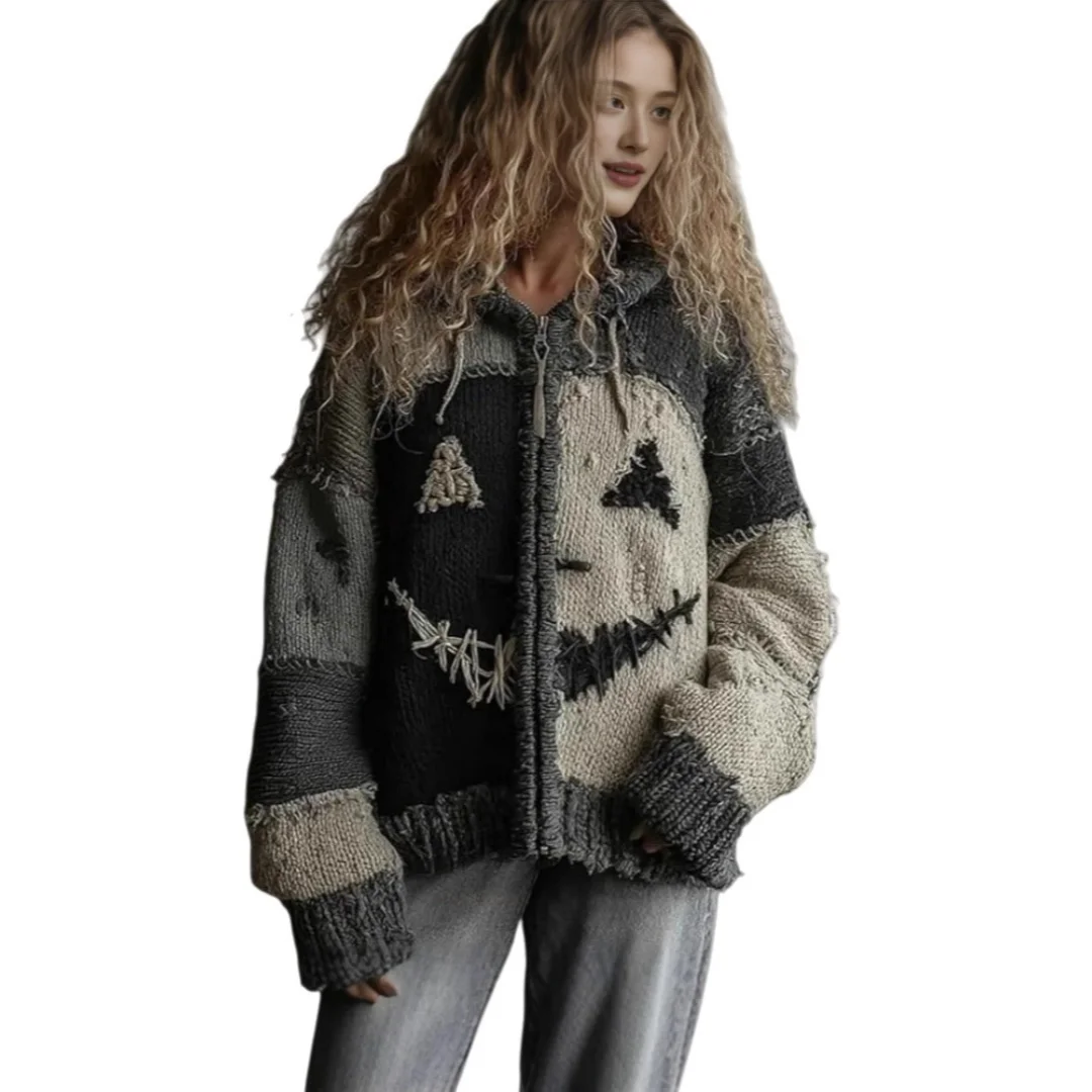 

Halloween 3D Print Sweater - Winter Gothic Oversized Knit Cardigan Women Patchwork Print Knit Top