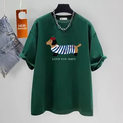 Women's Clothing Fashion Puppy Print Cotton T-shirt Summer Elegant Chic Basic Short Sleeve Top Tee Office Lady Loose Pullovers