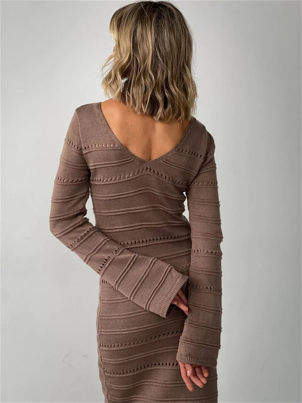 Women Knitted Hollow Out Midi Dress Autumn 2023 New Solid Long Flare Sleeve O-neck Slim Fit Dresses Female Elegant Commute Robe