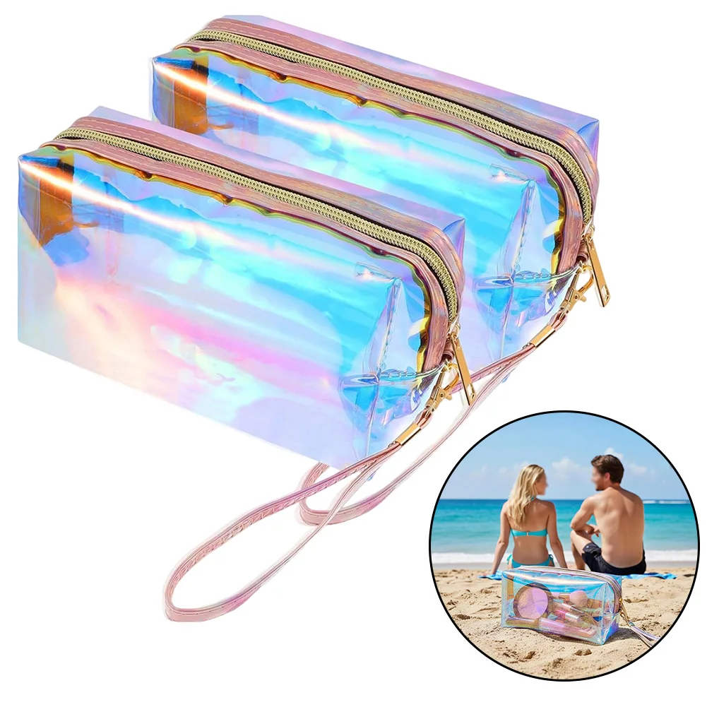 Holographic 2 Piece Makeup Bag Set Iridescent Reflective Design for Travel Toiletries Accessories and Clutch Use