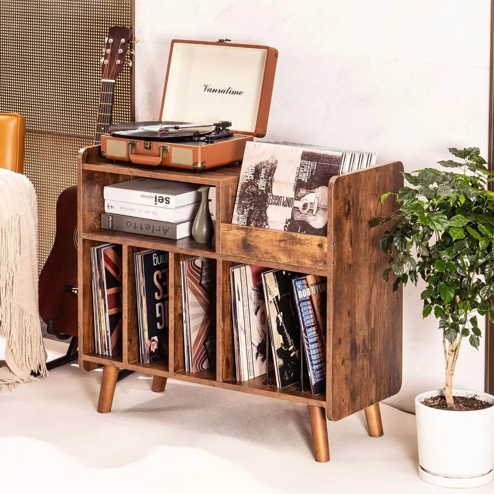 حامل مشغل التسجيل، خزانة طاولة كبيرة لمشغل التسجيلات مع مساحة تخزين من الفينيل المفتوح ورف عرض يحمل ما يصل إلى 350 ألبومًا، متوسطة السن