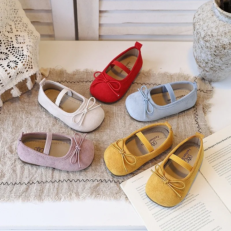 Little Girl'S Princess Shoes Candy Color Bowtie Elastic Band Kids Flat Shoe Suede Sweet Slip-On Comfy Autumn Children Shoe 21-30
