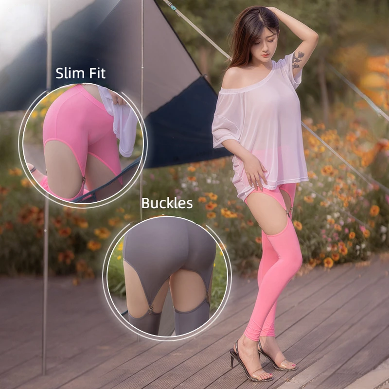 Woman Hollow Out Sexy See Through Leggings with Buckles Girl Fashion Exotic Pants Outdoor Sex Easy Stocking Super Thin Clubwear