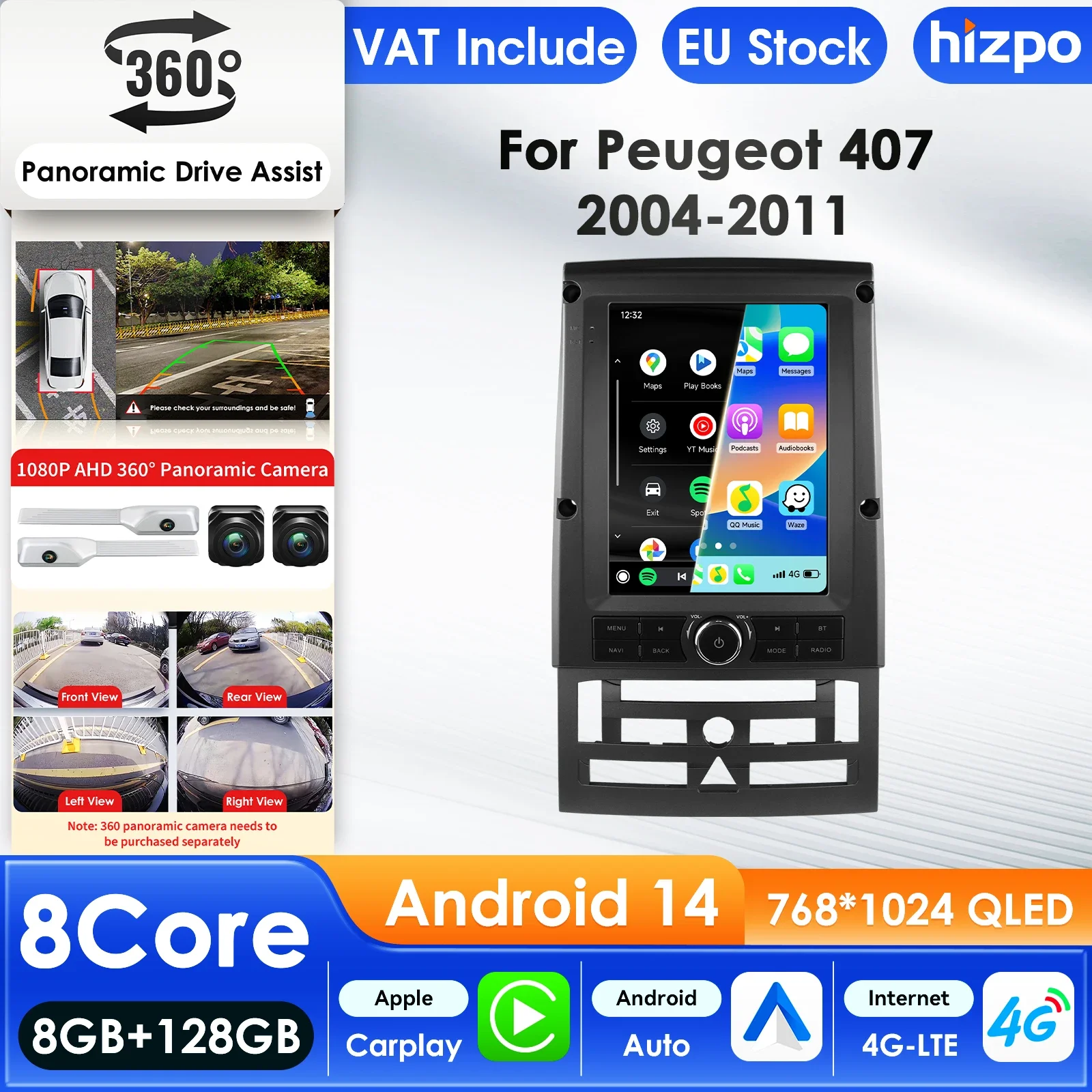 Hizpo Autoradio für Peugeot 407 SW 2004 - 2011 407 Coupé Multimedia CarPlay Android Auto GPS Bluetooth WIFI FM RDS Autoradio AI 9,7 Zoll Tesla-Style Intelligenter Bildschirm QLED-Display Automotive