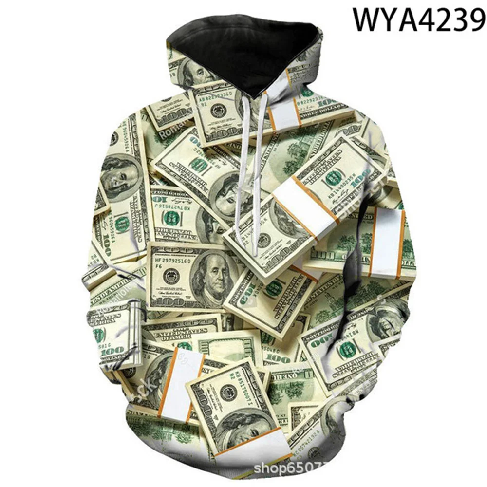 Spring and Autumn New Hoodies 3D Printed Dollar Bill Pattern Sweatshirts Men and Women Fashion Casual Personality Streetwear Loo